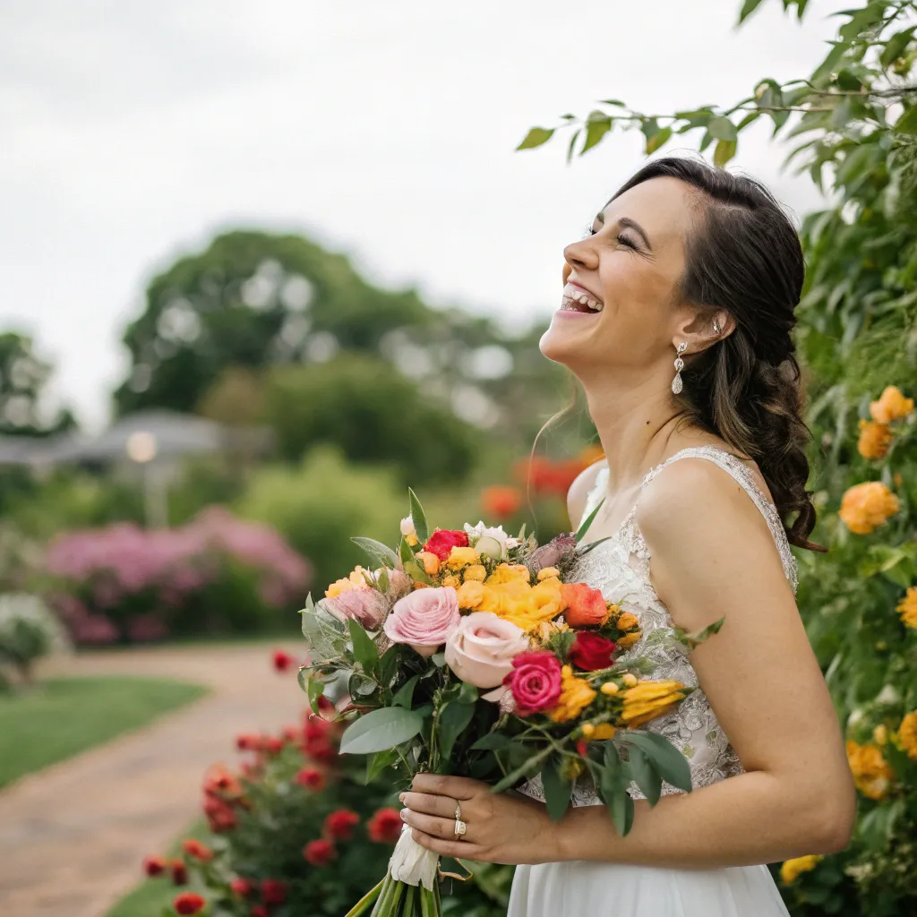 A woman with a joyful expression holding flowers