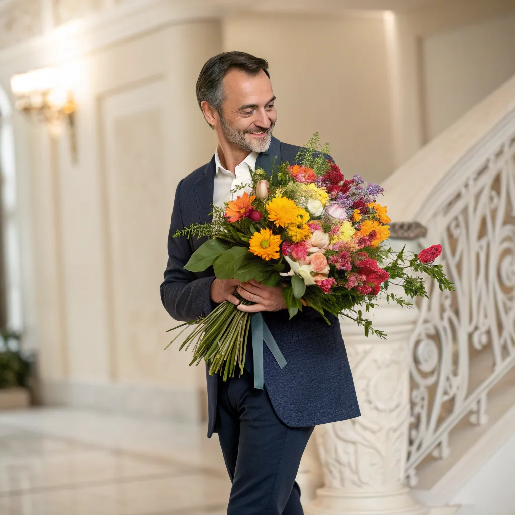 A gentleman holding a bouquet