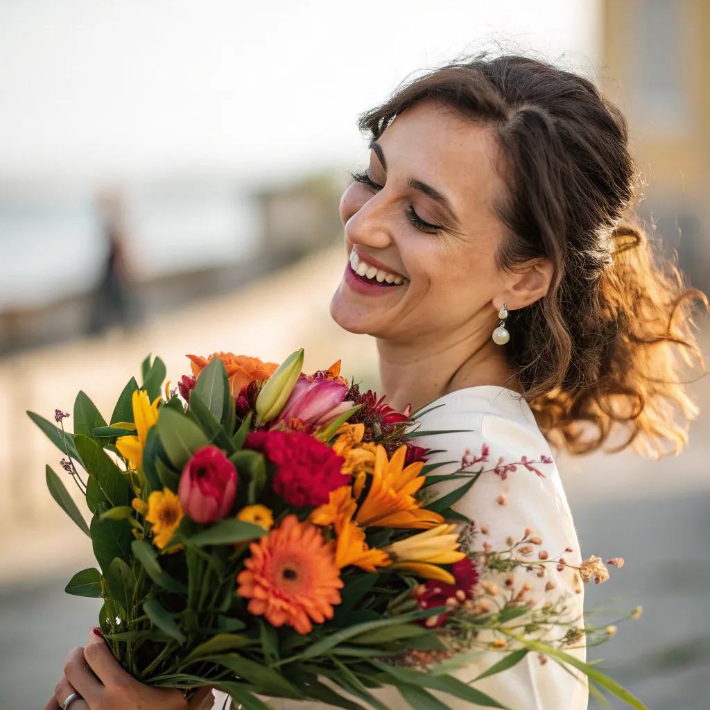 A smiling woman with a bouquet of flowers